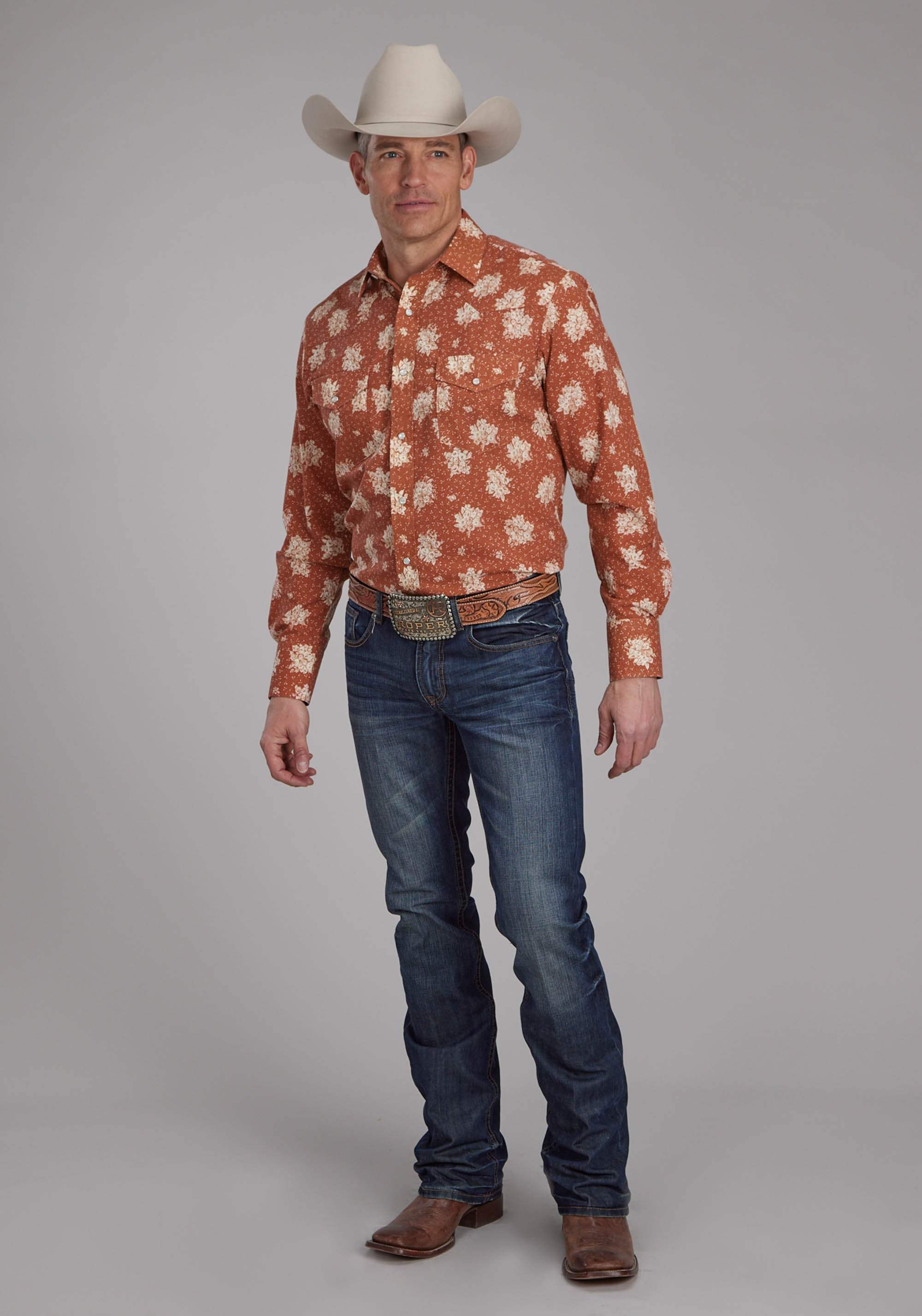 Roper Mens Orange And Cream Floral Long Sleeve Snap Western Shirt - Roper - Flyclothing LLC