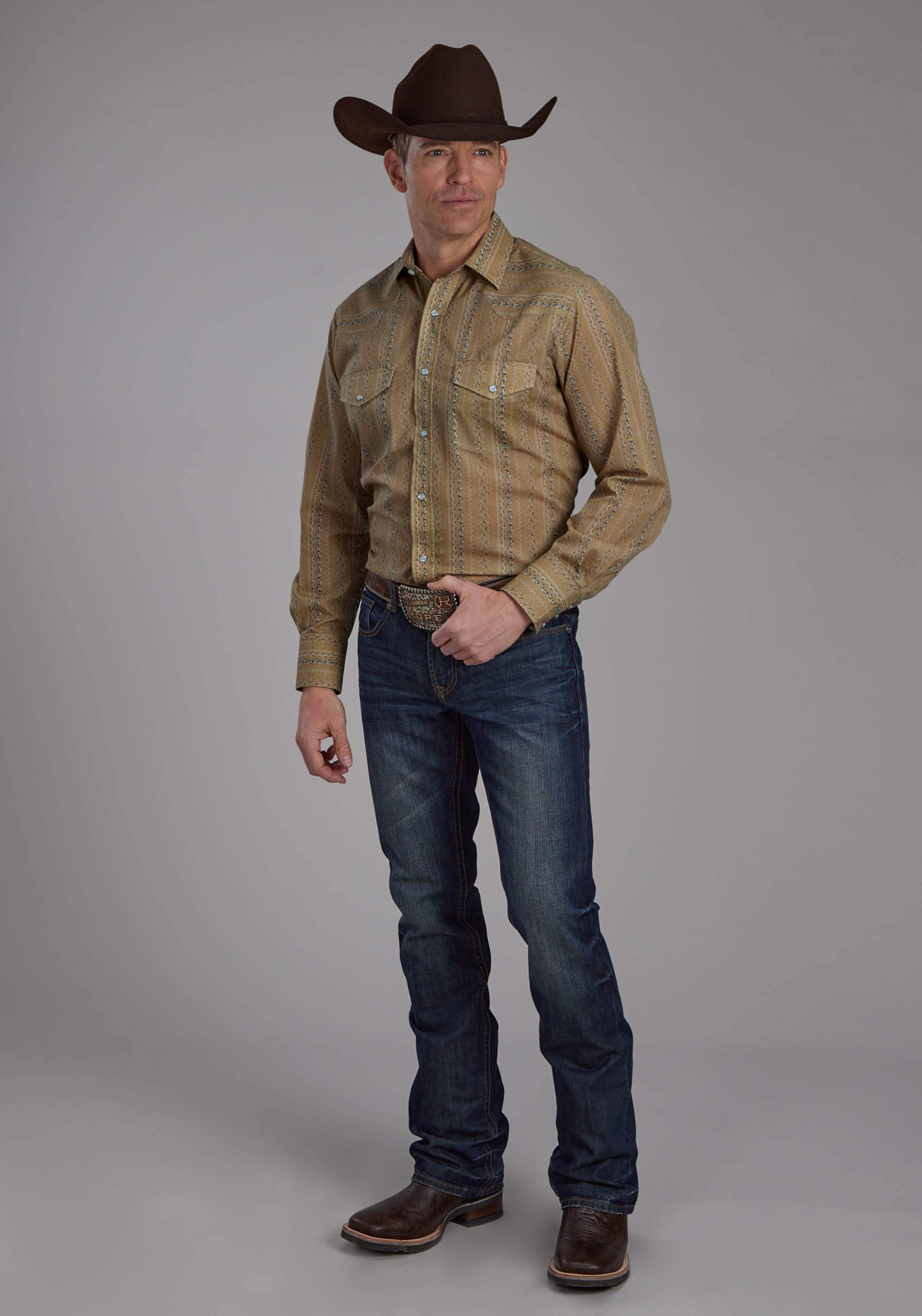 Roper Mens Tan And Navy Wallpaper Long Sleeve Snap Western Shirt - Roper - Flyclothing LLC
