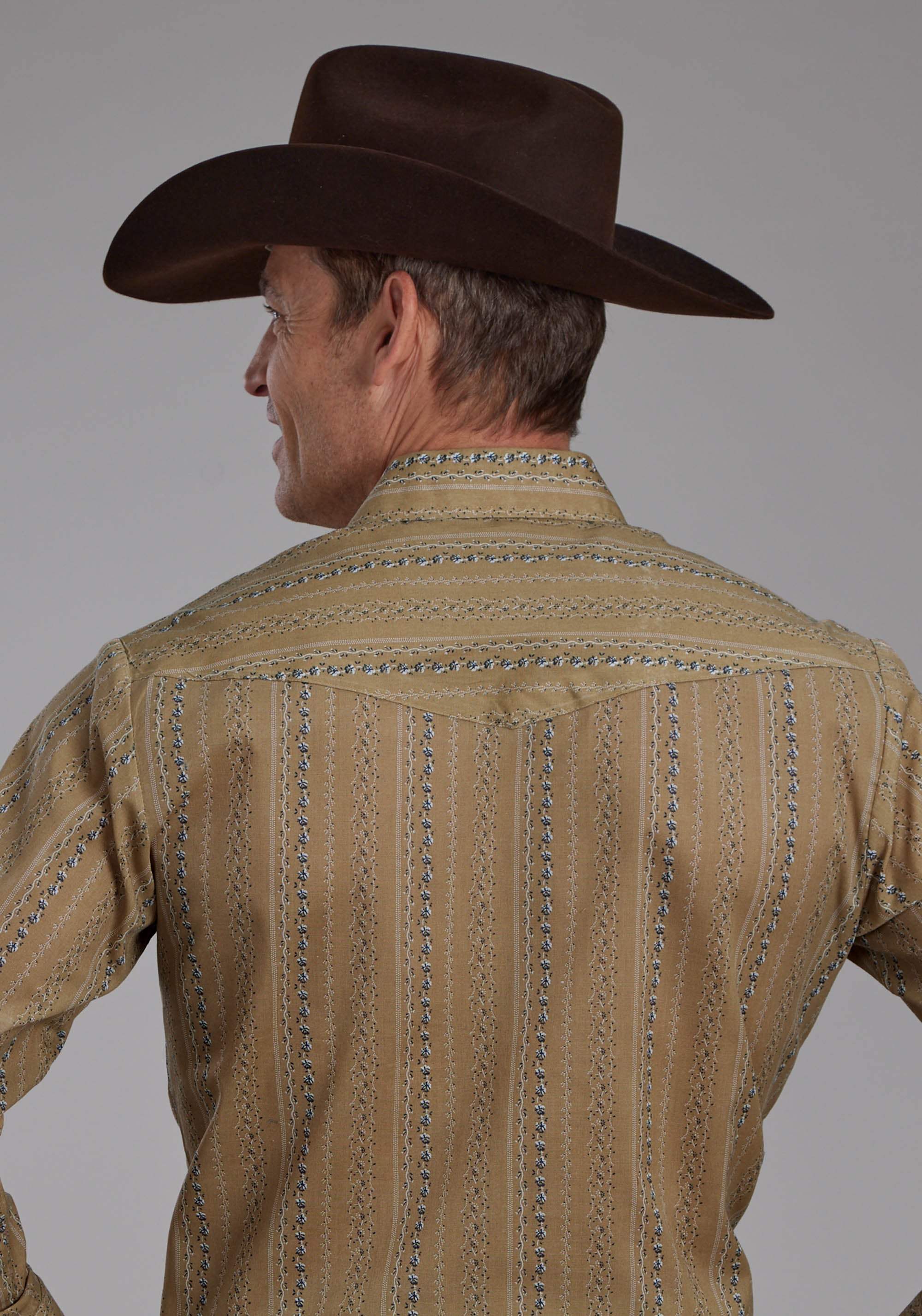 Roper Mens Tan And Navy Wallpaper Long Sleeve Snap Western Shirt - Roper - Flyclothing LLC