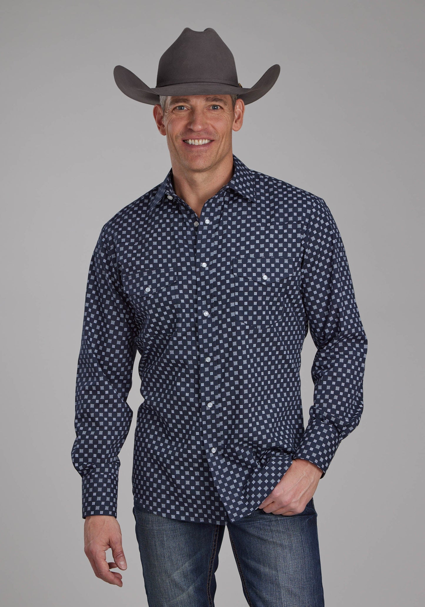 Roper Mens Navy And White Squares Long Sleeve Snap Western Shirt