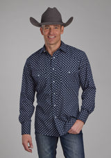 Roper Mens Navy And White Squares Long Sleeve Snap Western Shirt