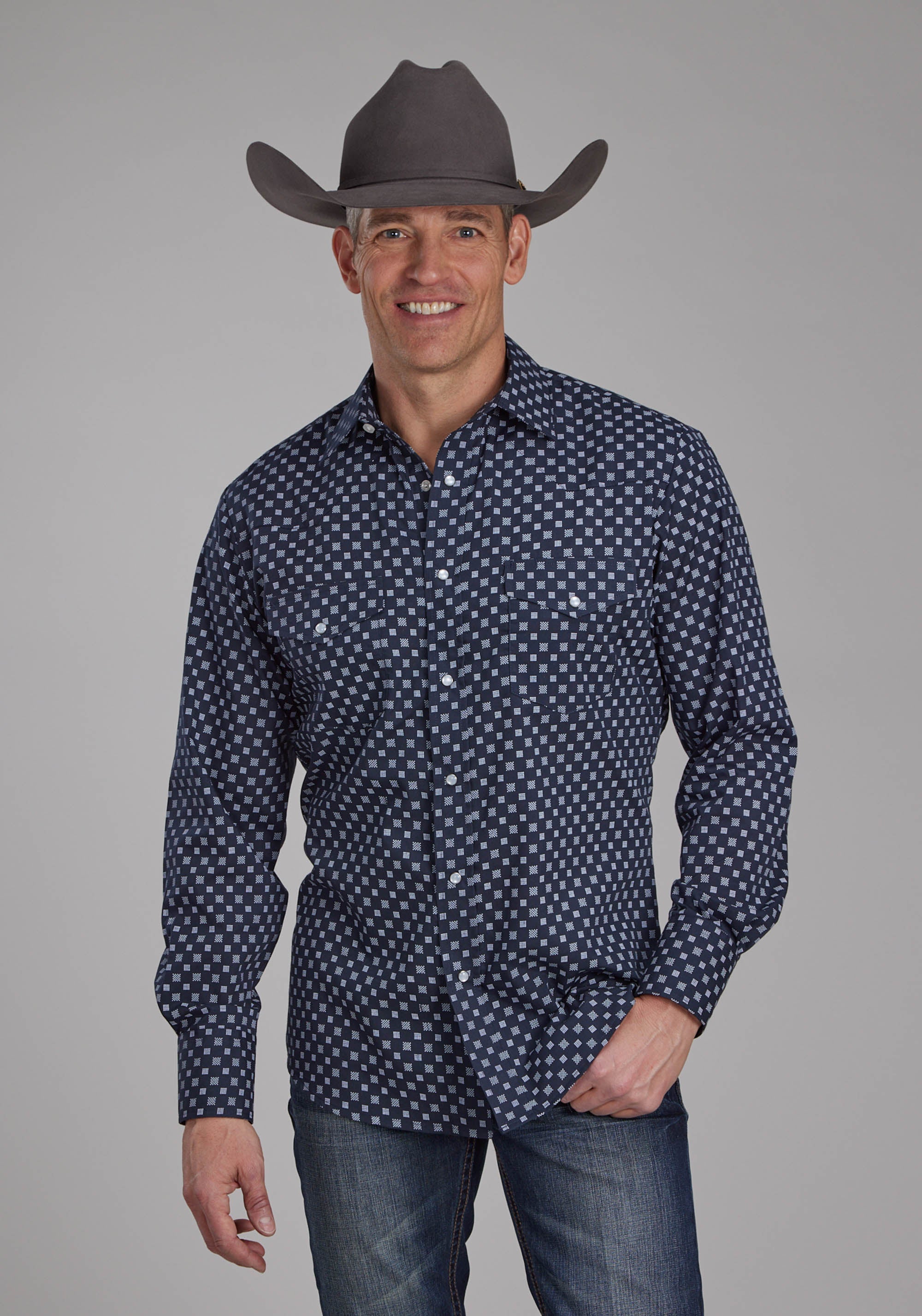 Roper Mens Navy And White Squares Long Sleeve Snap Western Shirt