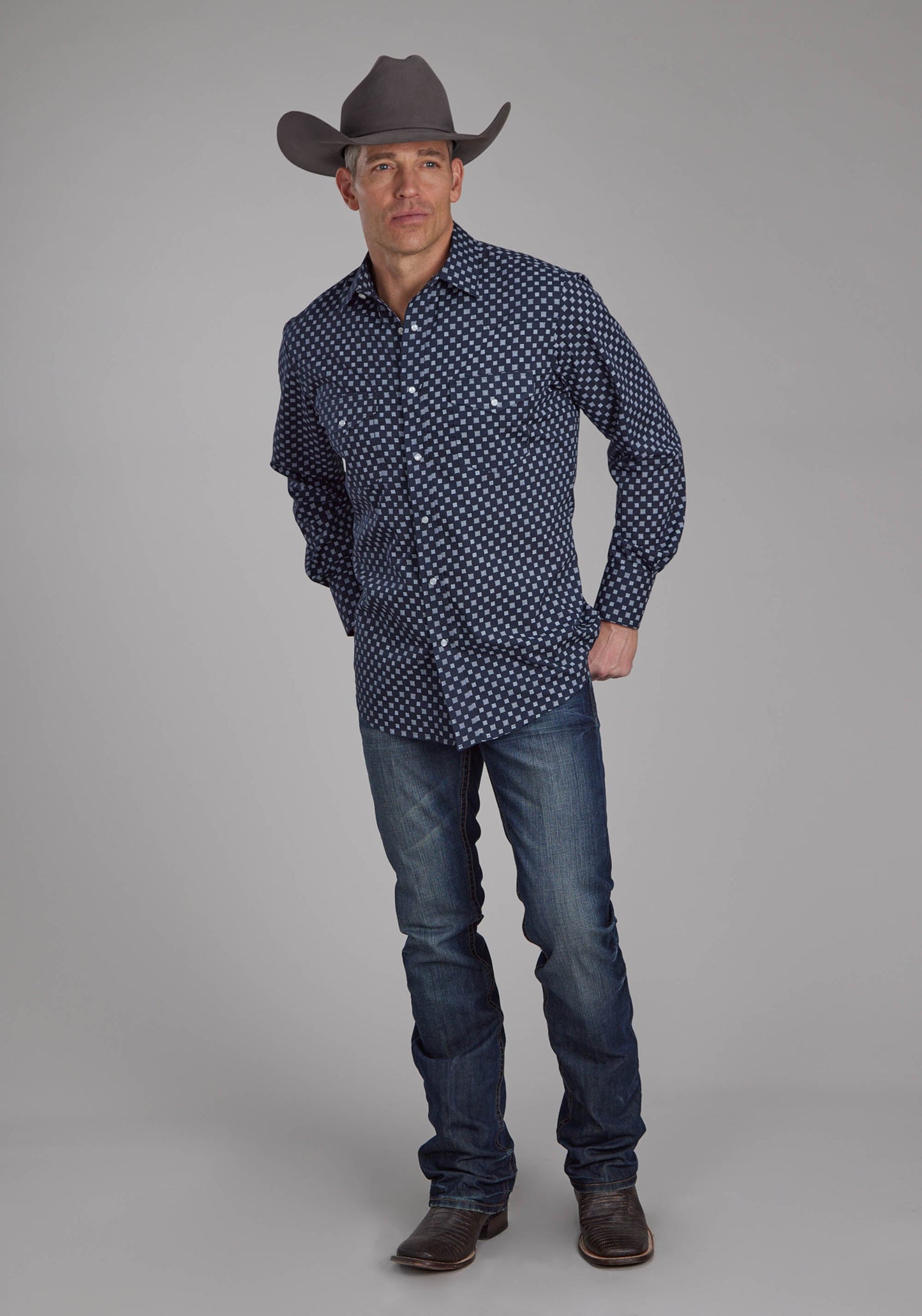 Roper Mens Navy And White Squares Long Sleeve Snap Western Shirt