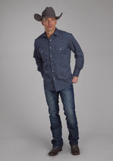 Roper Mens Navy And White Squares Long Sleeve Snap Western Shirt