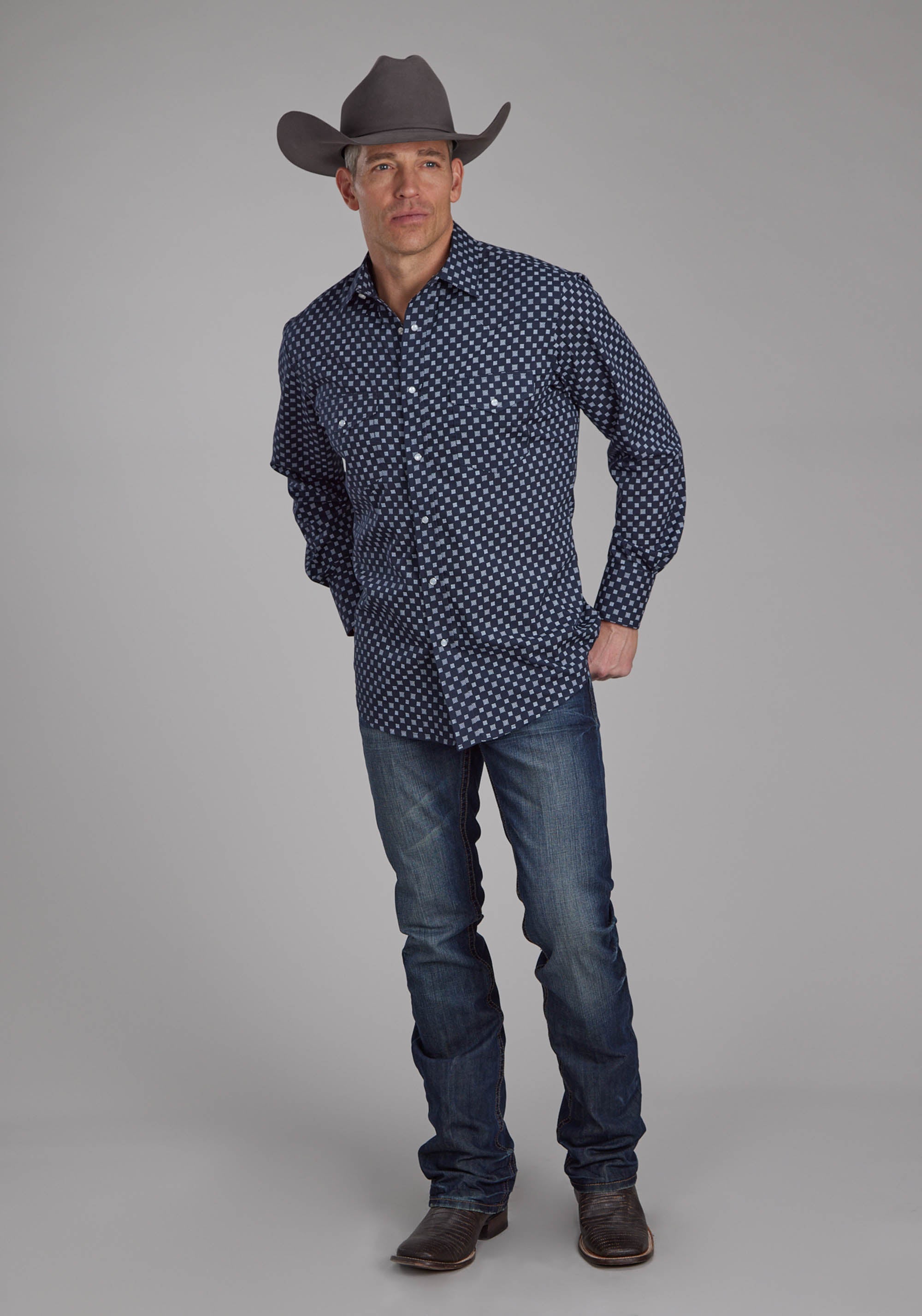 Roper Mens Navy And White Squares Long Sleeve Snap Western Shirt