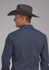 Roper Mens Navy And White Squares Long Sleeve Snap Western Shirt