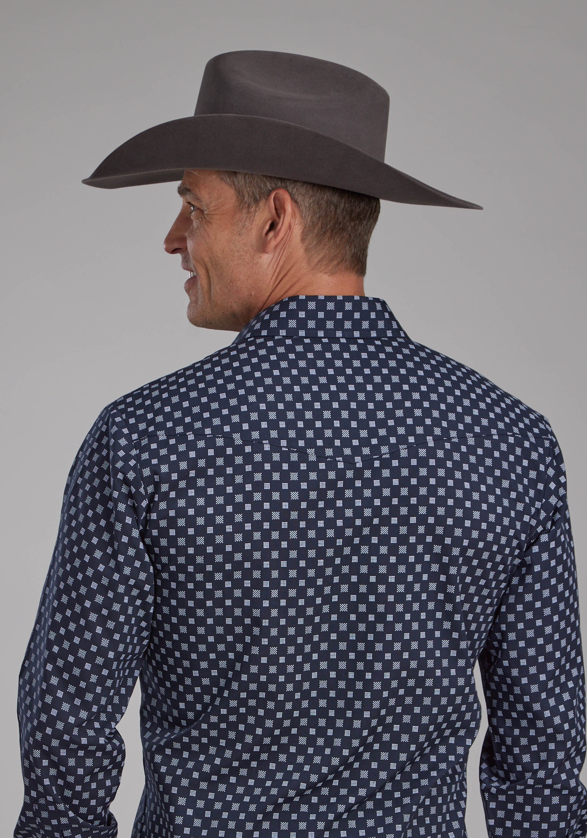 Roper Mens Navy And White Squares Long Sleeve Snap Western Shirt