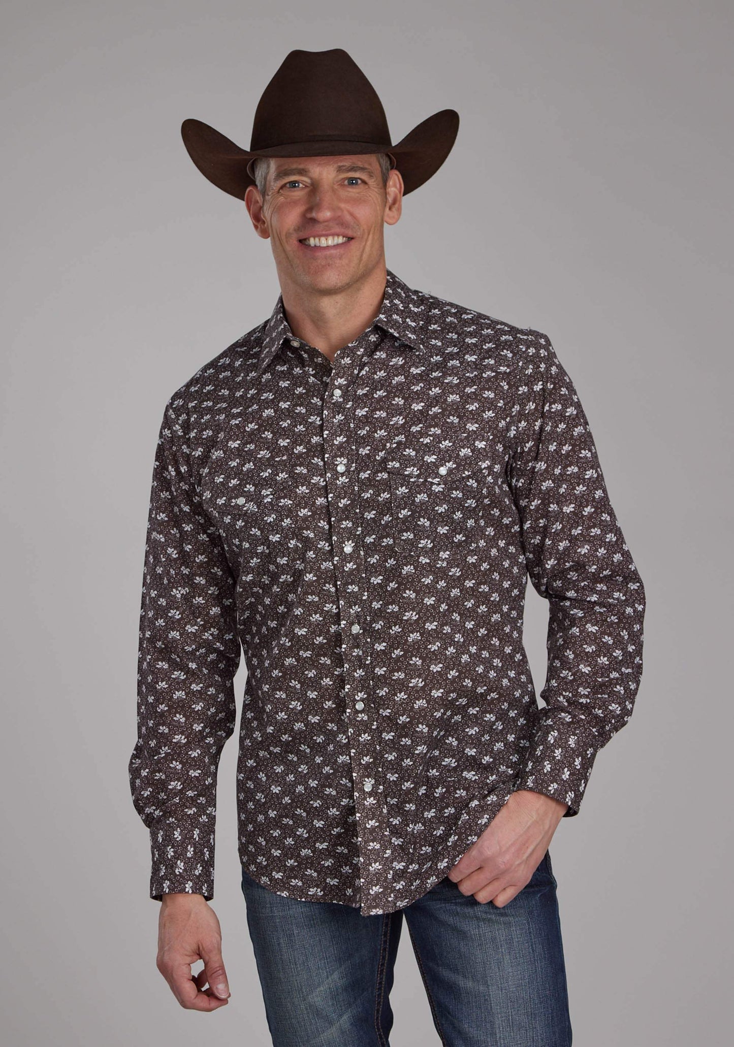 Roper Mens Brown And Cream Floral Long Sleeve Snap Western Shirt - Roper - Flyclothing LLC