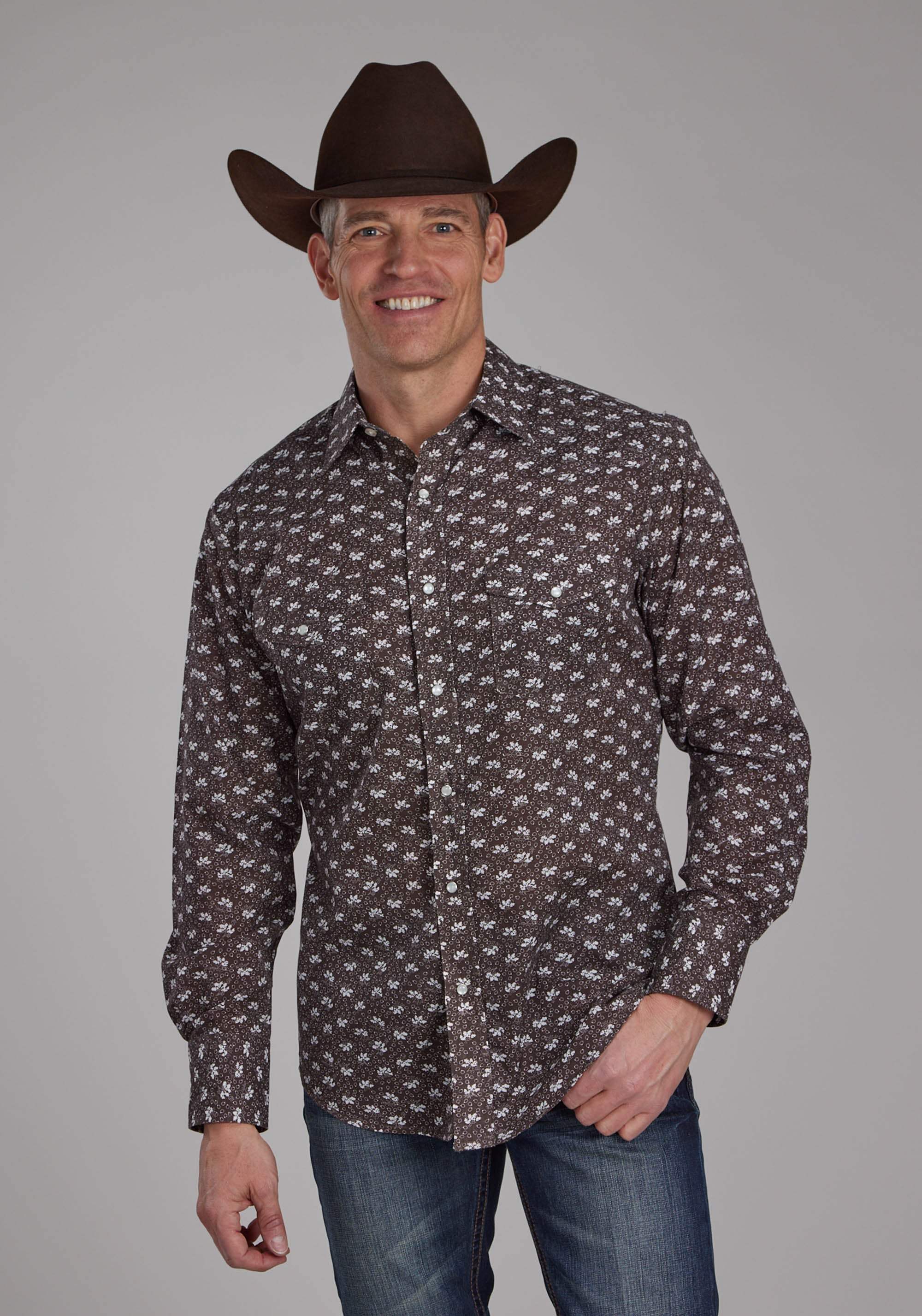 Roper Mens Brown And Cream Floral Long Sleeve Snap Western Shirt - Roper - Flyclothing LLC