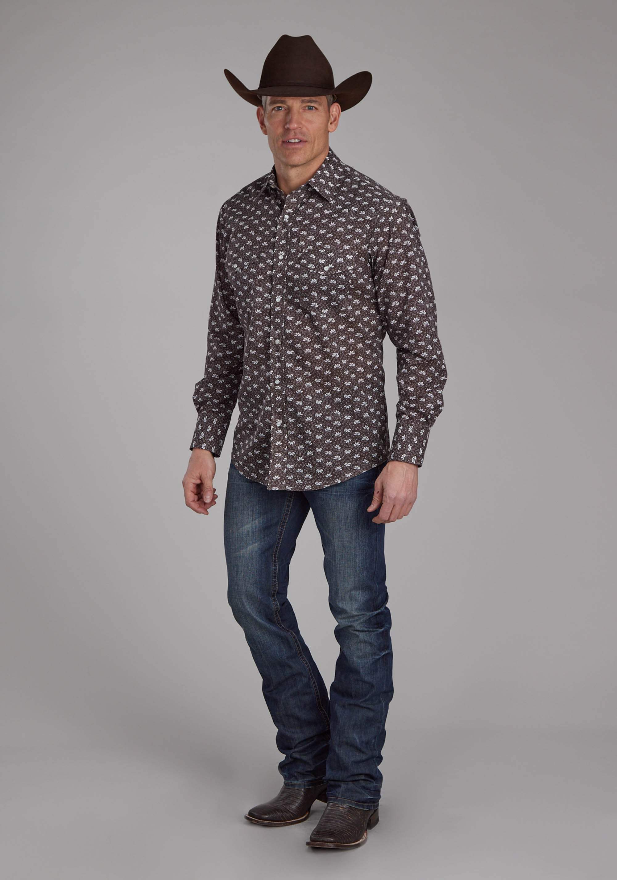 Roper Mens Brown And Cream Floral Long Sleeve Snap Western Shirt - Roper - Flyclothing LLC
