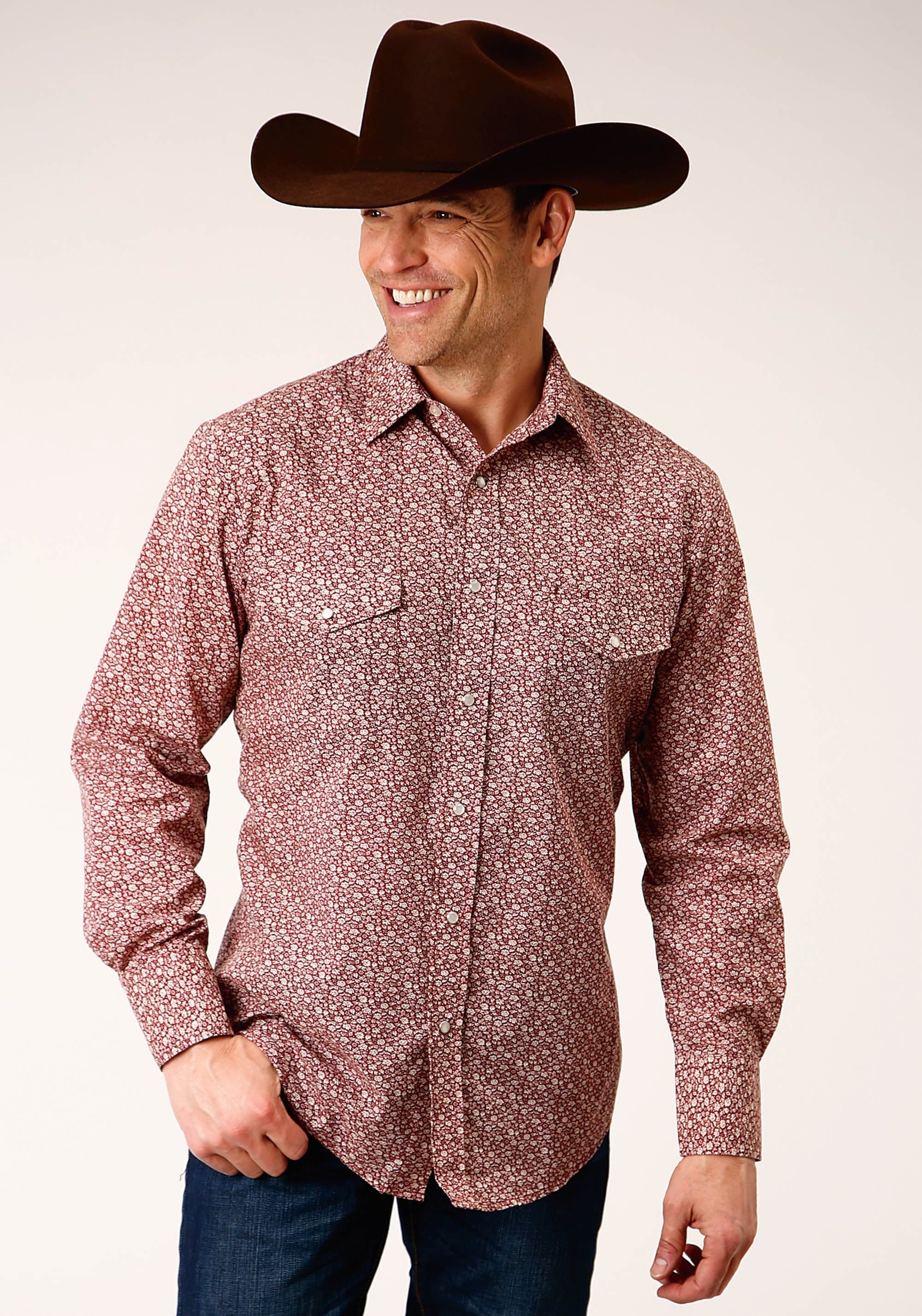 Roper Mens Long Sleeve Snap Red And Cream Vintage Floral Print Western Shirt - Roper