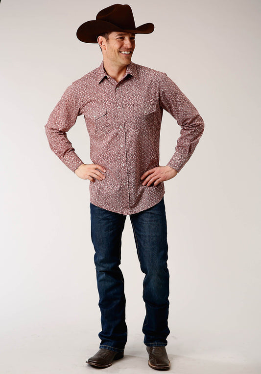 Roper Mens Long Sleeve Snap Red And Cream Vintage Floral Print Western Shirt - Roper