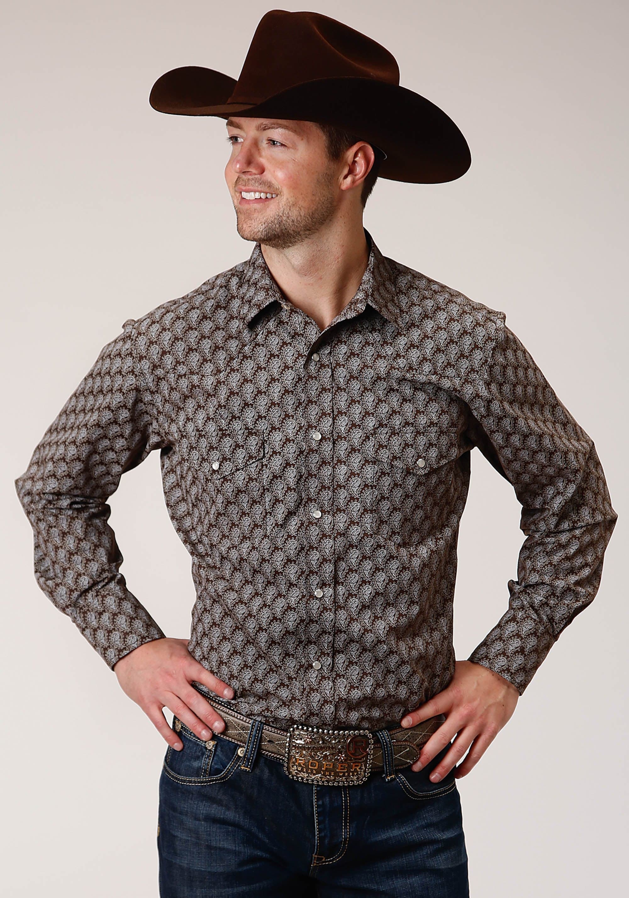 Roper Mens Long Sleeve Snap Chocolate And Cream Tear Drop Print Western Shirt - Roper