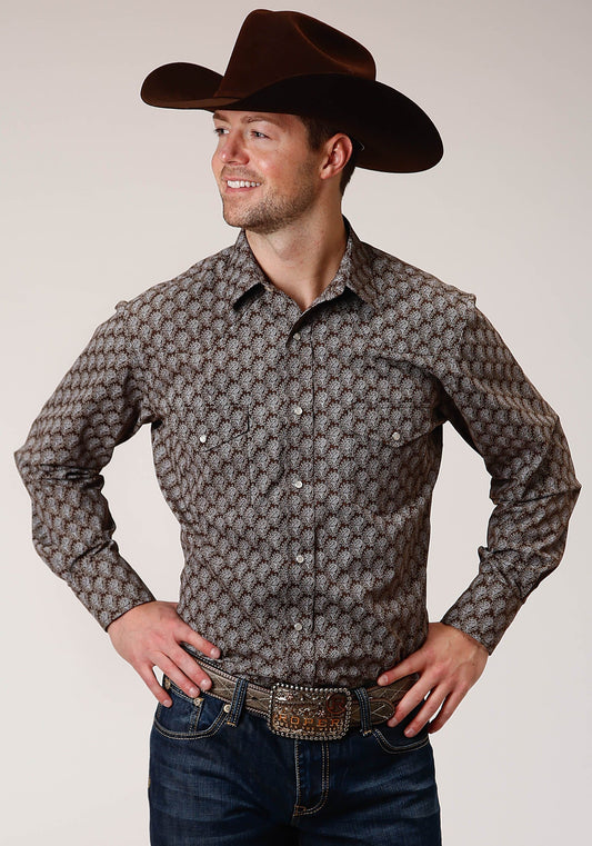 Roper Mens Long Sleeve Snap Chocolate And Cream Tear Drop Print Western Shirt - Roper