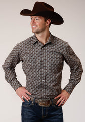 Roper Mens Long Sleeve Snap Chocolate And Cream Tear Drop Print Western Shirt - Roper