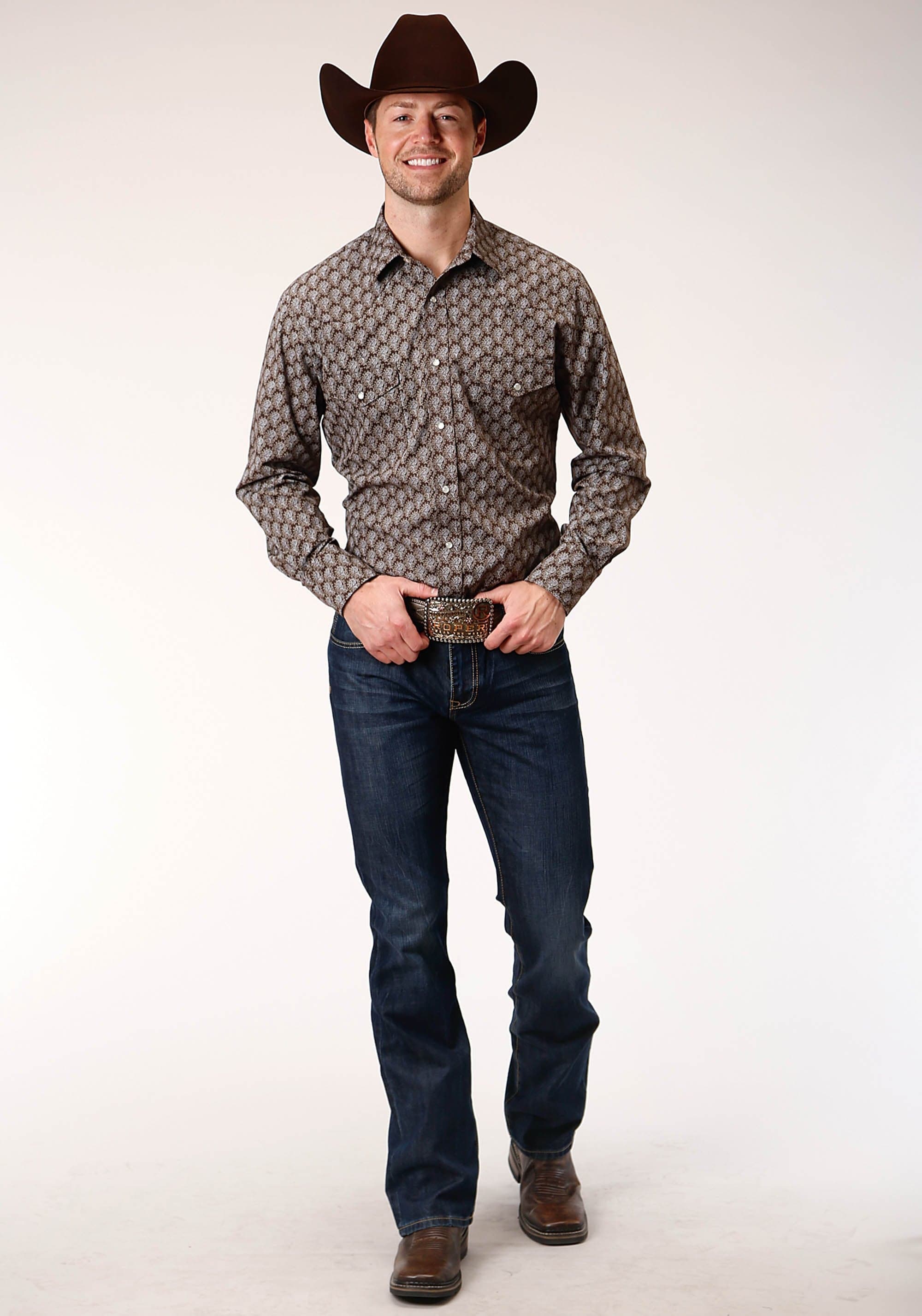 Roper Mens Long Sleeve Snap Chocolate And Cream Tear Drop Print Western Shirt - Roper