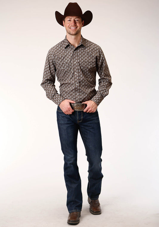 Roper Mens Long Sleeve Snap Chocolate And Cream Tear Drop Print Western Shirt - Roper