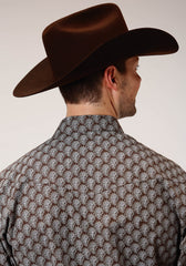 Roper Mens Long Sleeve Snap Chocolate And Cream Tear Drop Print Western Shirt - Roper