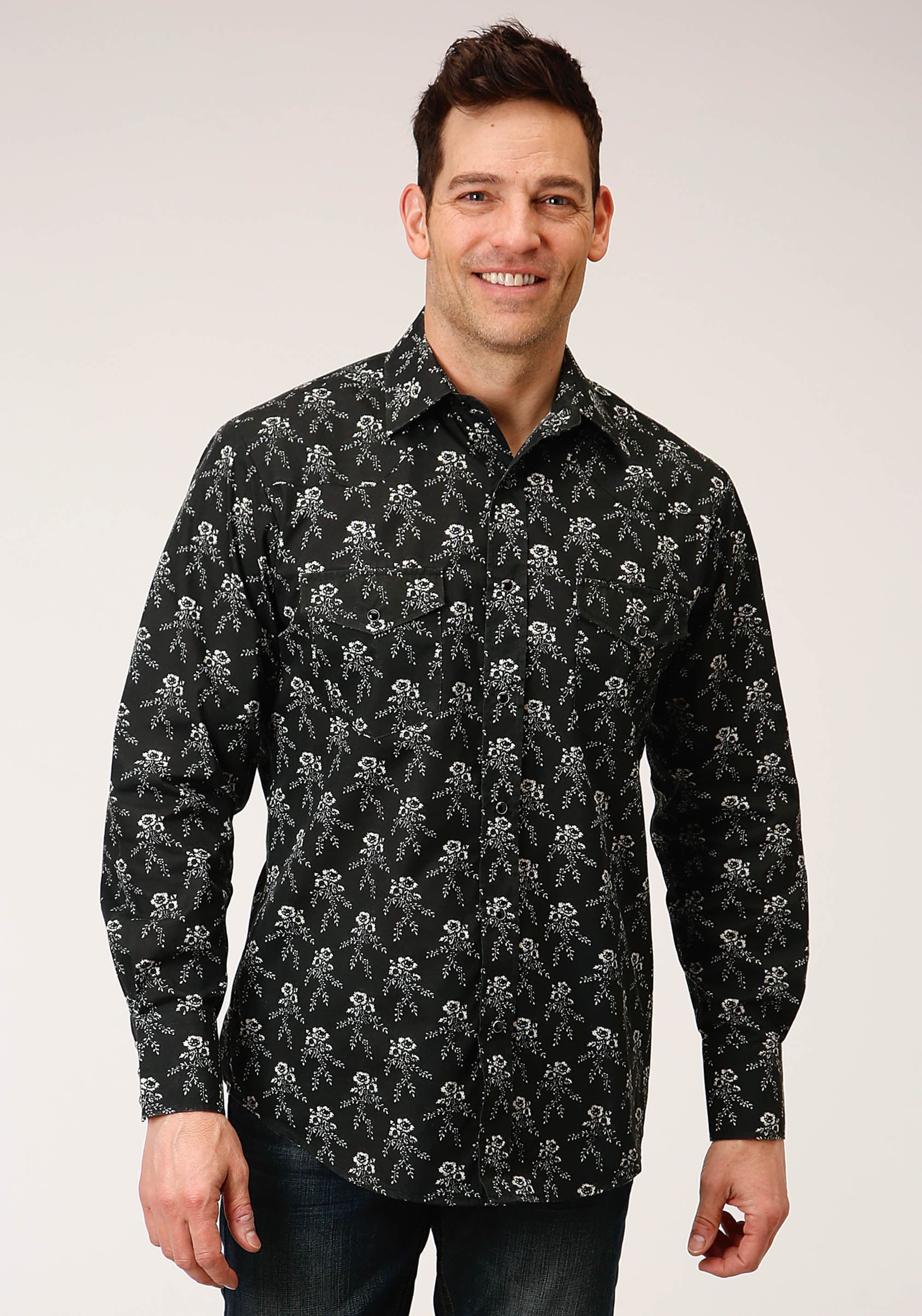 Roper Mens Long Sleeve Snap Black And Cream Floral Print Western Shirt - Roper