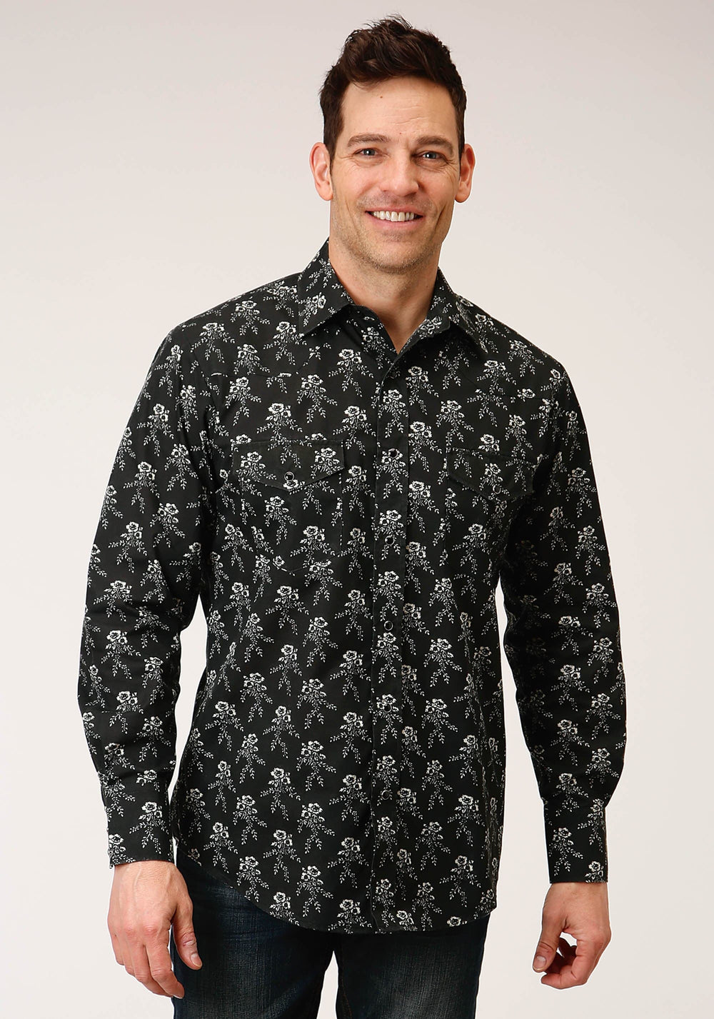 Roper Mens Long Sleeve Snap Black And Cream Floral Print Western Shirt - Roper