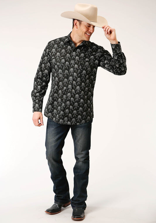 Roper Mens Long Sleeve Snap Black And Cream Floral Print Western Shirt - Roper