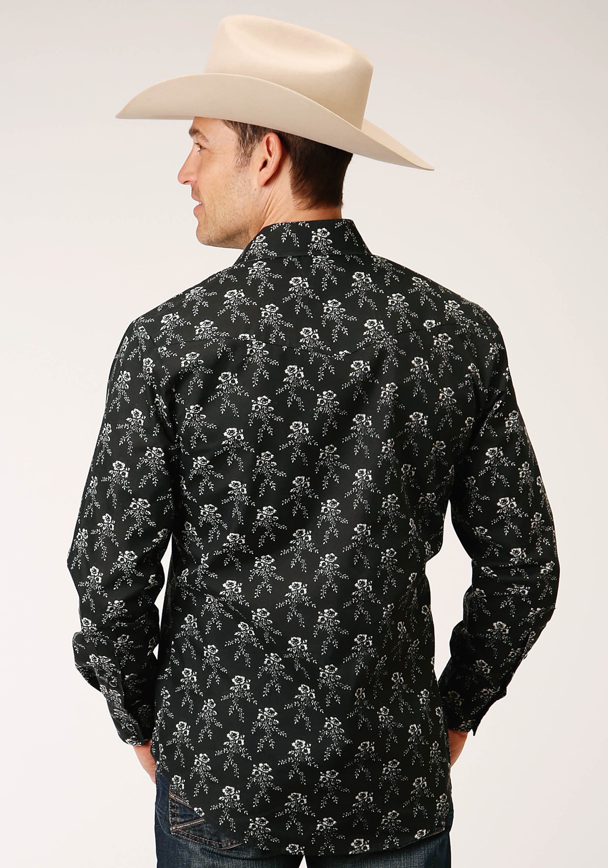 Roper Mens Long Sleeve Snap Black And Cream Floral Print Western Shirt - Roper