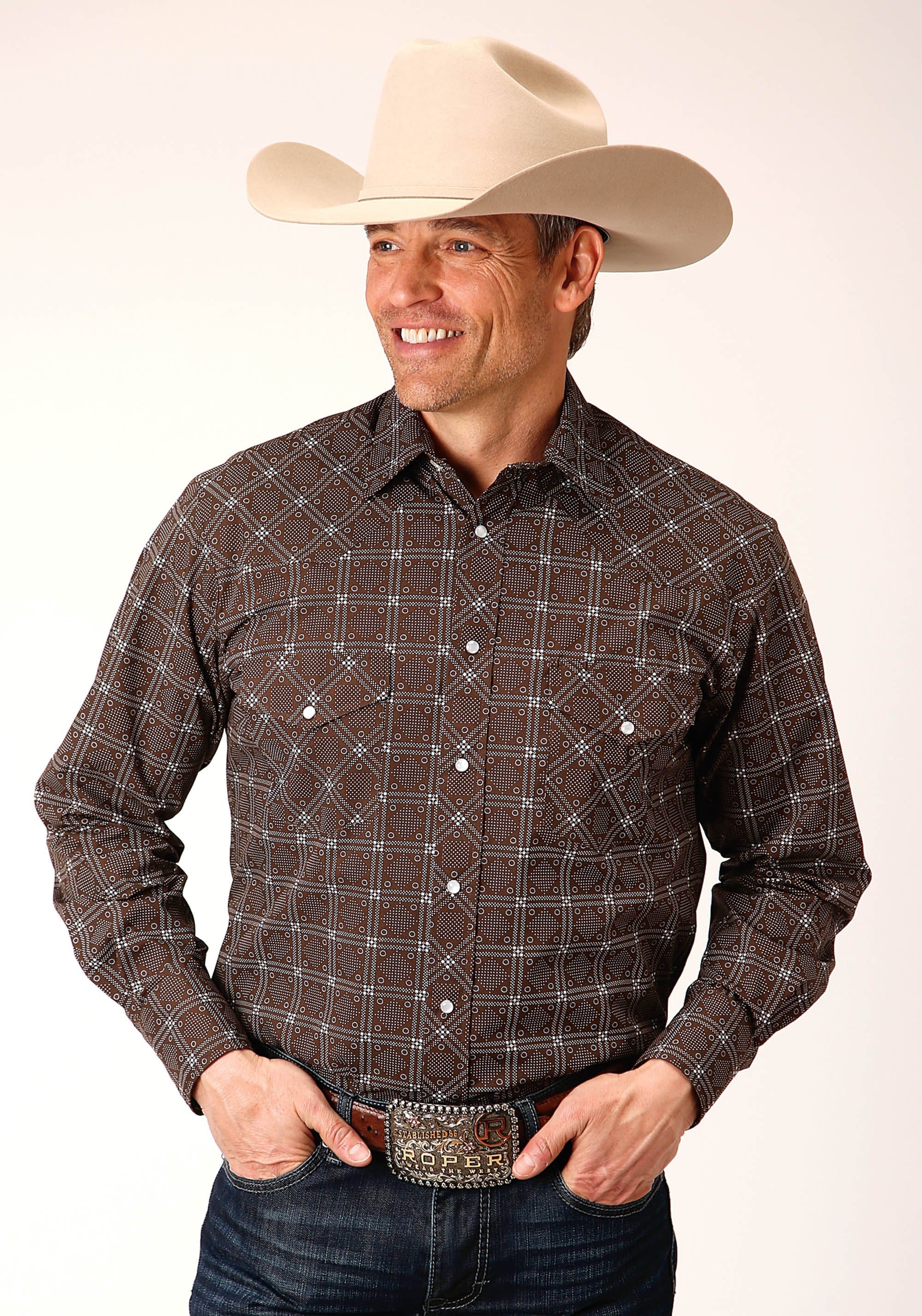 Roper Mens Long Sleeve Snap Brown White Retro Print Western Shirt - Roper