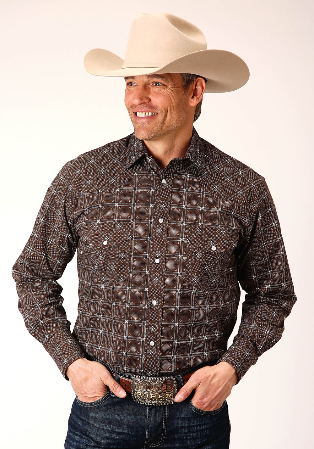 Roper Mens Long Sleeve Snap Brown White Retro Print Western Shirt - Roper