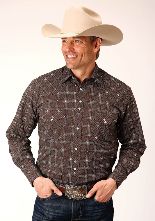 Roper Mens Long Sleeve Snap Brown White Retro Print Western Shirt - Roper