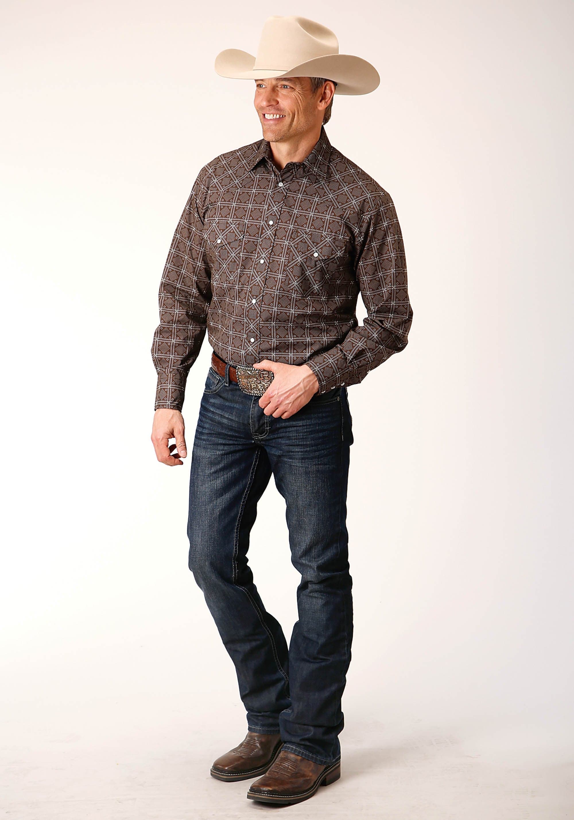 Roper Mens Long Sleeve Snap Brown White Retro Print Western Shirt - Roper