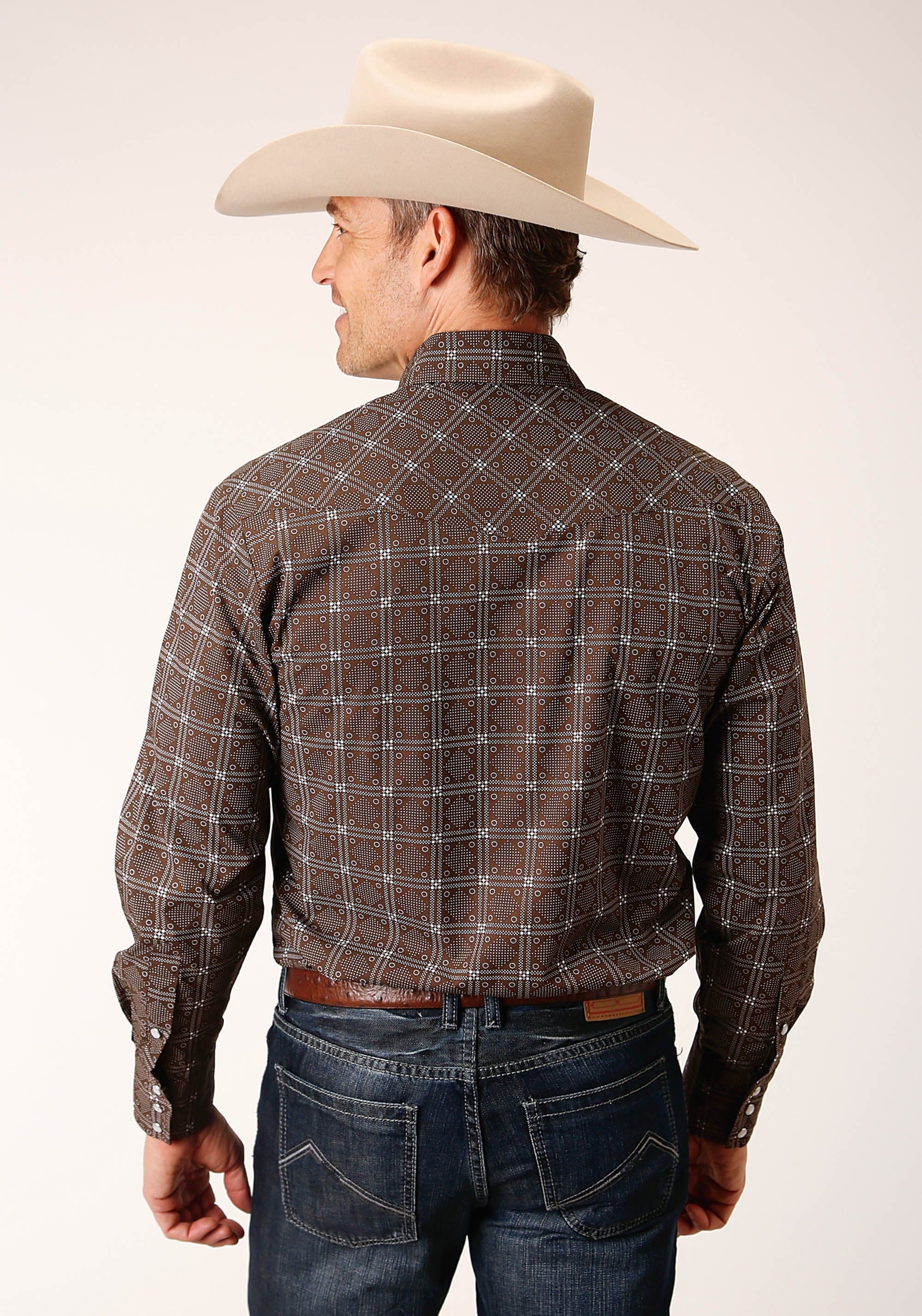 Roper Mens Long Sleeve Snap Brown White Retro Print Western Shirt - Roper