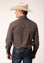 Roper Mens Long Sleeve Snap Brown White Retro Print Western Shirt - Roper