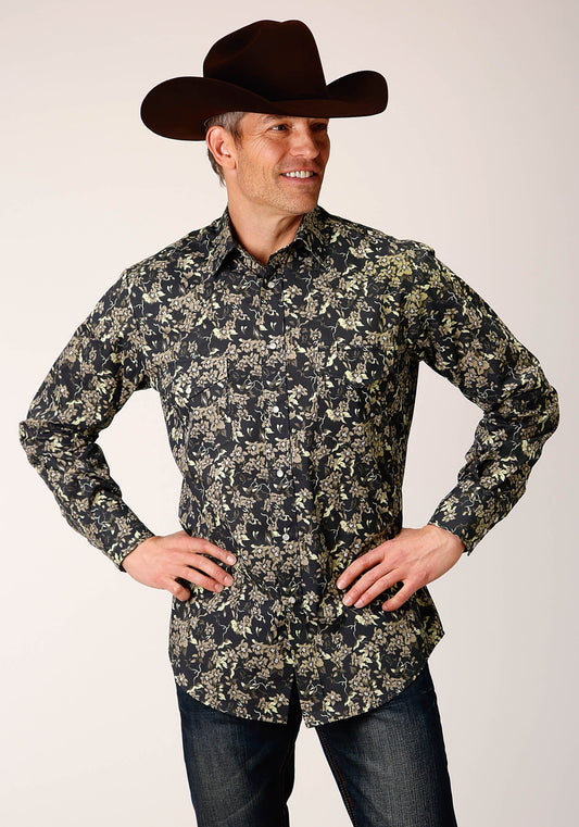 Roper Mens Long Sleeve Snap Vintage Dark Floral Print Western Shirt - Roper