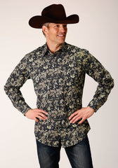 Roper Mens Long Sleeve Snap Vintage Dark Floral Print Western Shirt - Roper