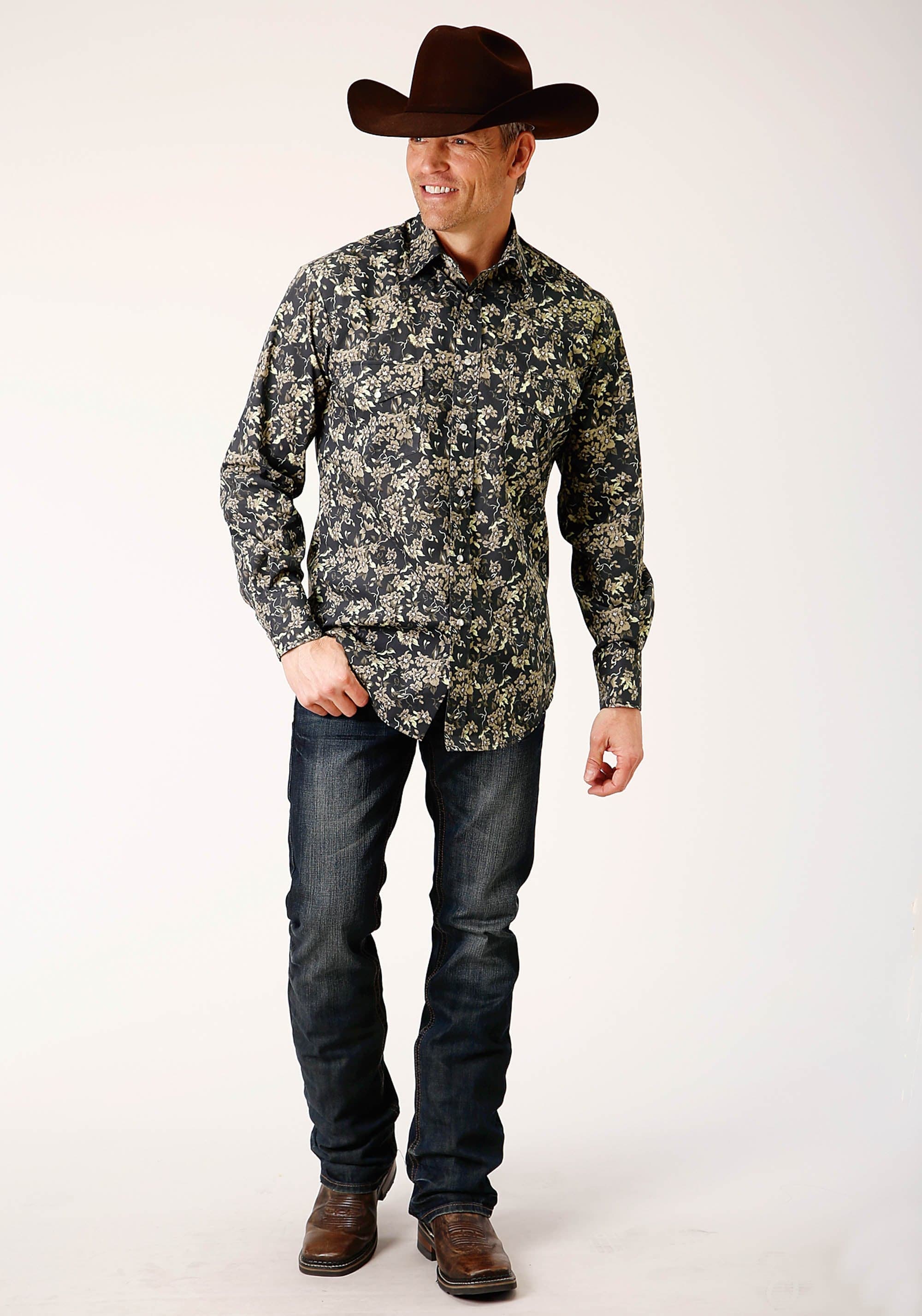 Roper Mens Long Sleeve Snap Vintage Dark Floral Print Western Shirt - Roper