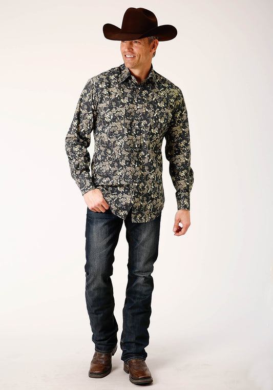 Roper Mens Long Sleeve Snap Vintage Dark Floral Print Western Shirt - Roper