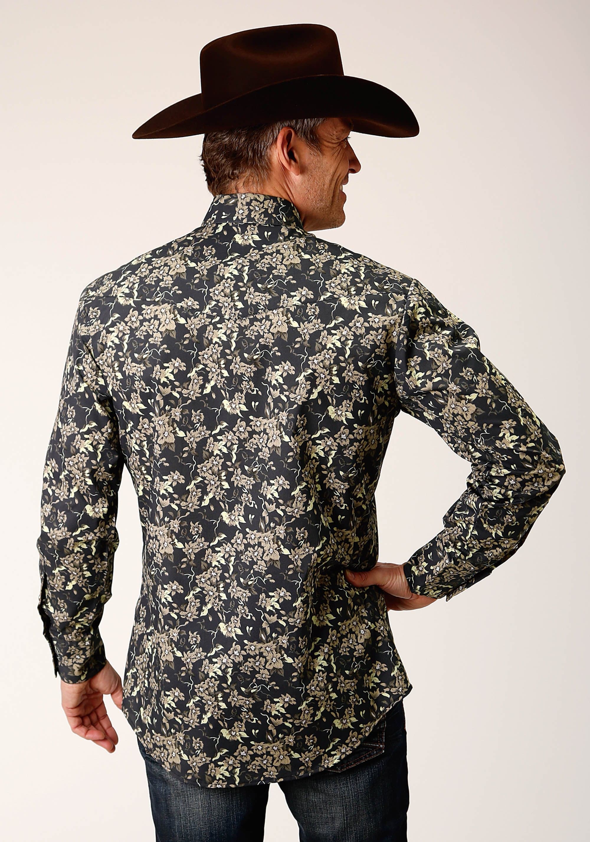 Roper Mens Long Sleeve Snap Vintage Dark Floral Print Western Shirt - Roper