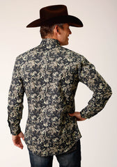 Roper Mens Long Sleeve Snap Vintage Dark Floral Print Western Shirt - Roper
