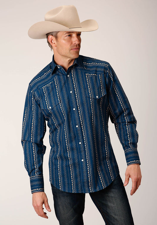Roper Mens Long Sleeve Snap Navy Khaki Floral Wallpaper Print Western Shirt - Roper