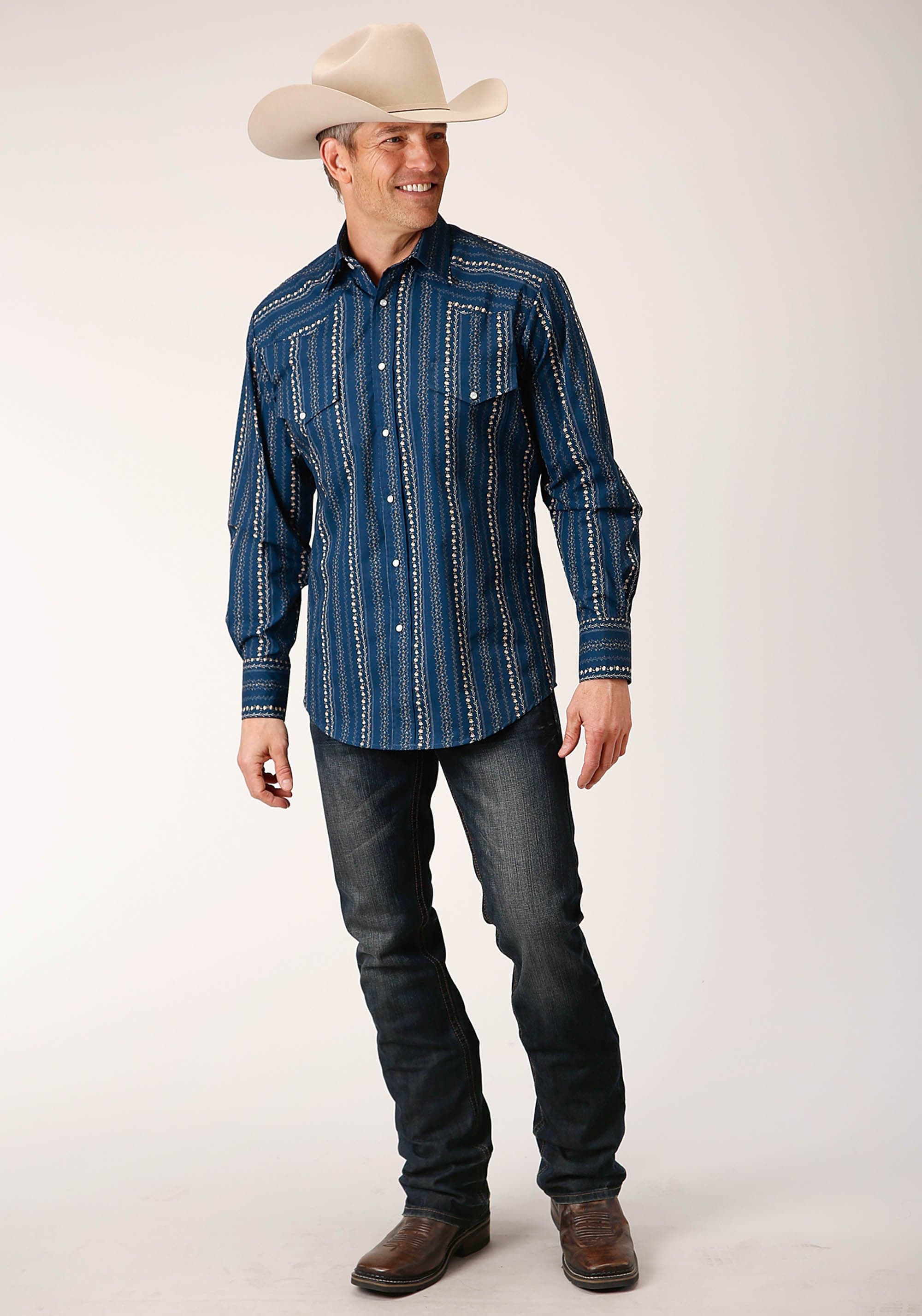 Roper Mens Long Sleeve Snap Navy Khaki Floral Wallpaper Print Western Shirt - Roper