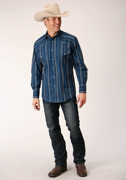 Roper Mens Long Sleeve Snap Navy Khaki Floral Wallpaper Print Western Shirt - Roper