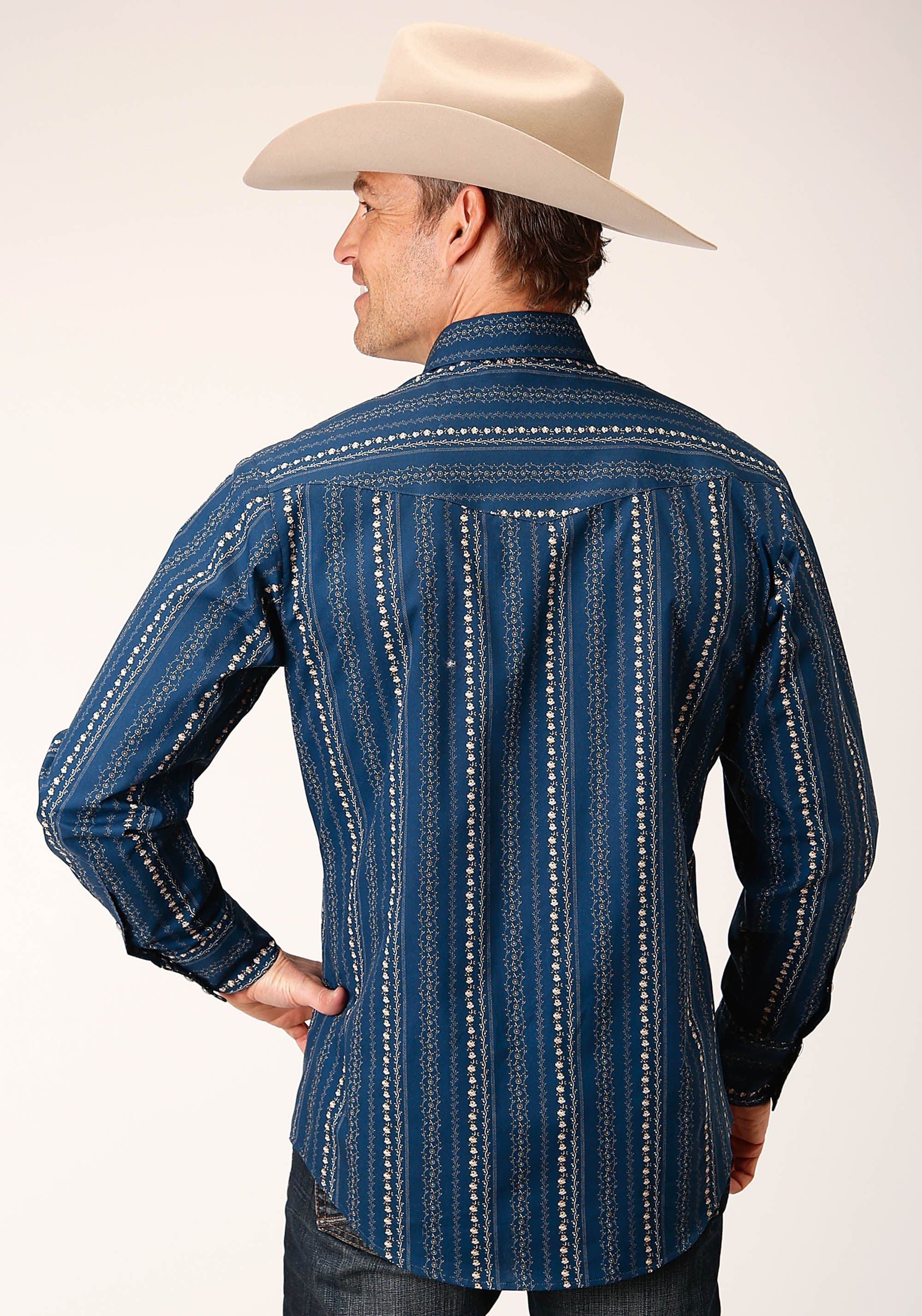 Roper Mens Long Sleeve Snap Navy Khaki Floral Wallpaper Print Western Shirt - Roper