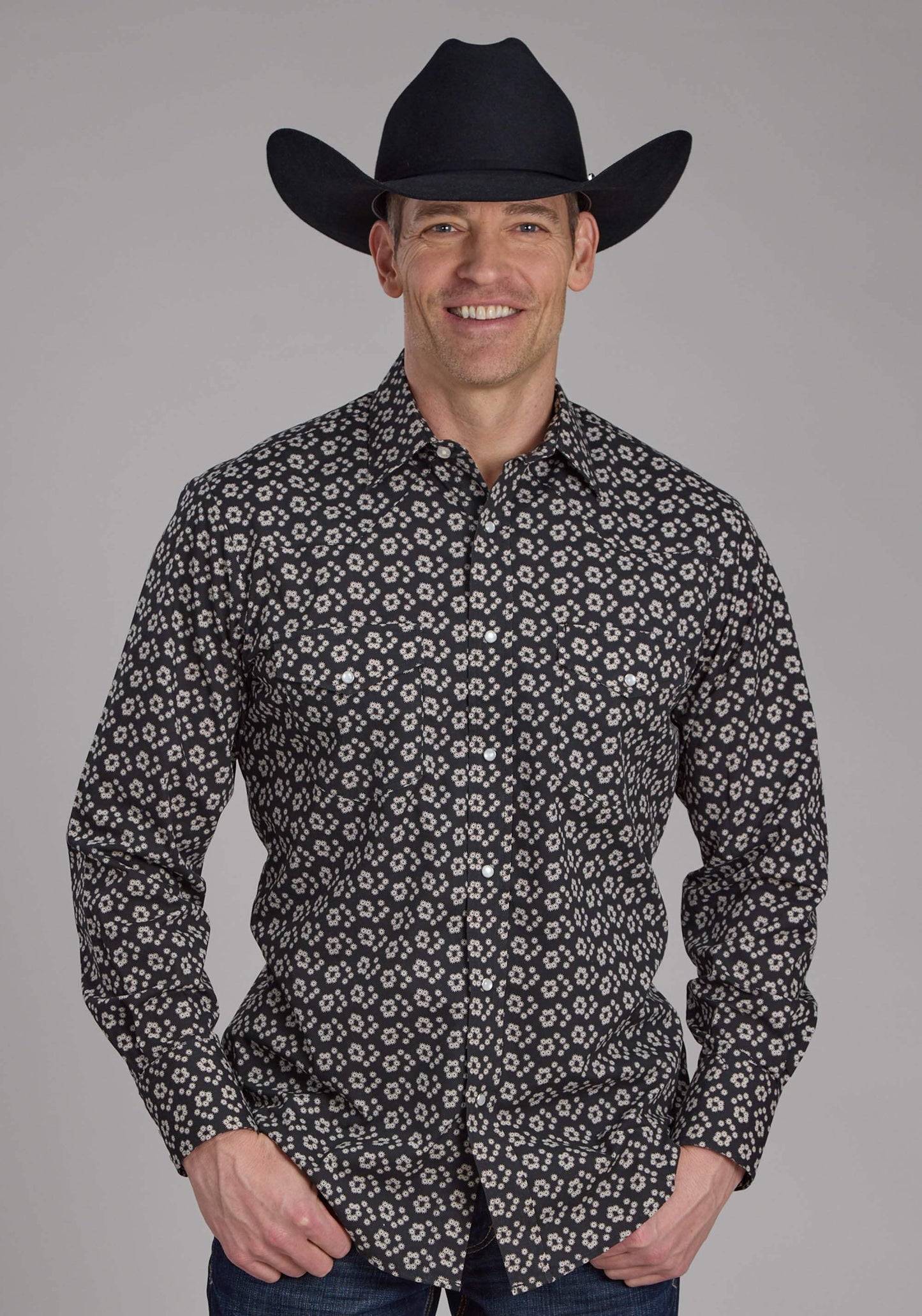 Roper Mens Black And Cream Floral Print Long Sleeve Snap Western Shirt - Roper - Flyclothing LLC