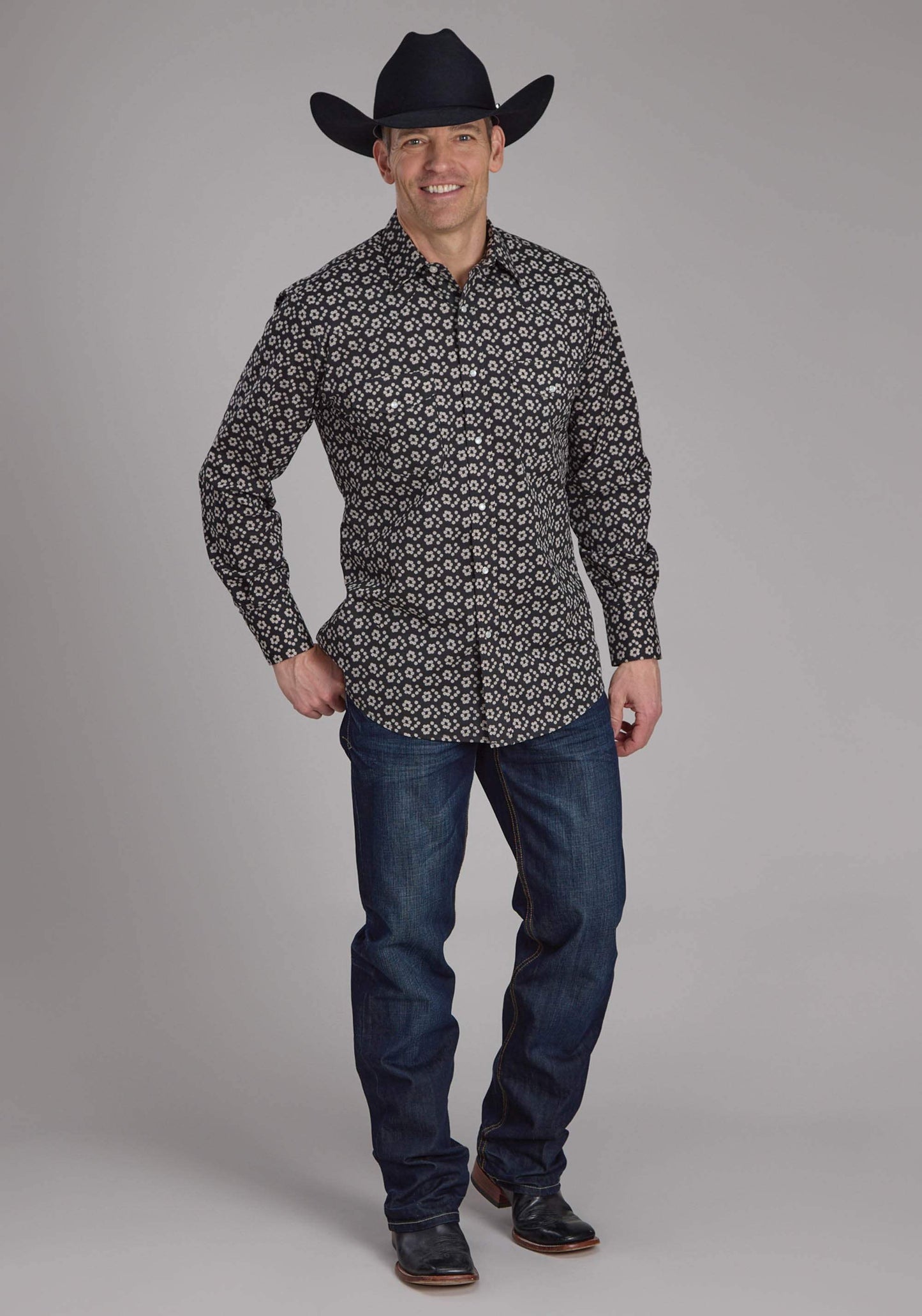 Roper Mens Black And Cream Floral Print Long Sleeve Snap Western Shirt - Roper - Flyclothing LLC