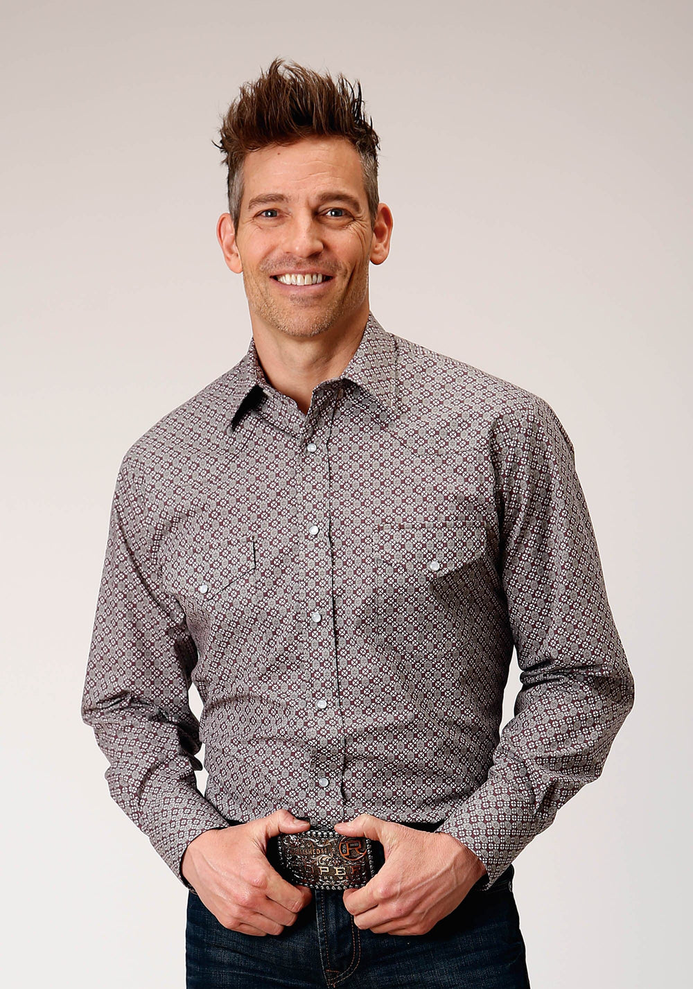 Roper Mens Long Sleeve Snap Wine Taupe Retro Print Western Shirt - Roper