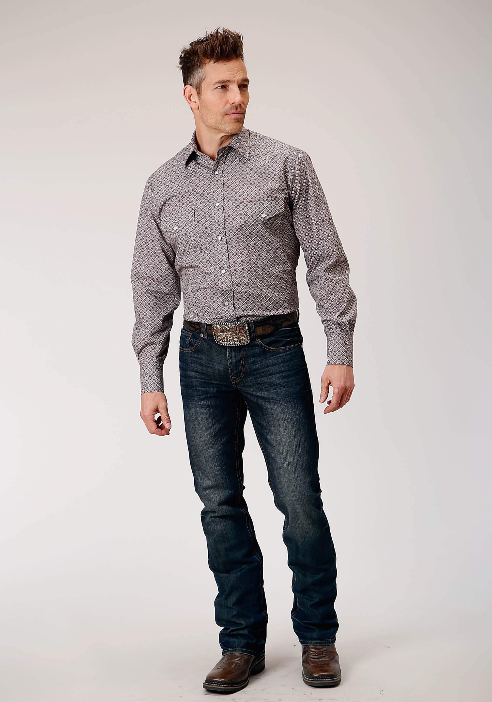 Roper Mens Long Sleeve Snap Wine Taupe Retro Print Western Shirt - Roper - Flyclothing LLC
