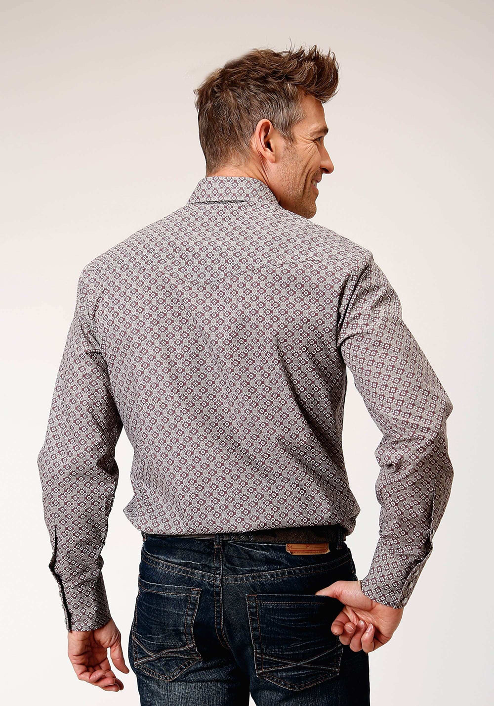 Roper Mens Long Sleeve Snap Wine Taupe Retro Print Western Shirt - Roper - Flyclothing LLC