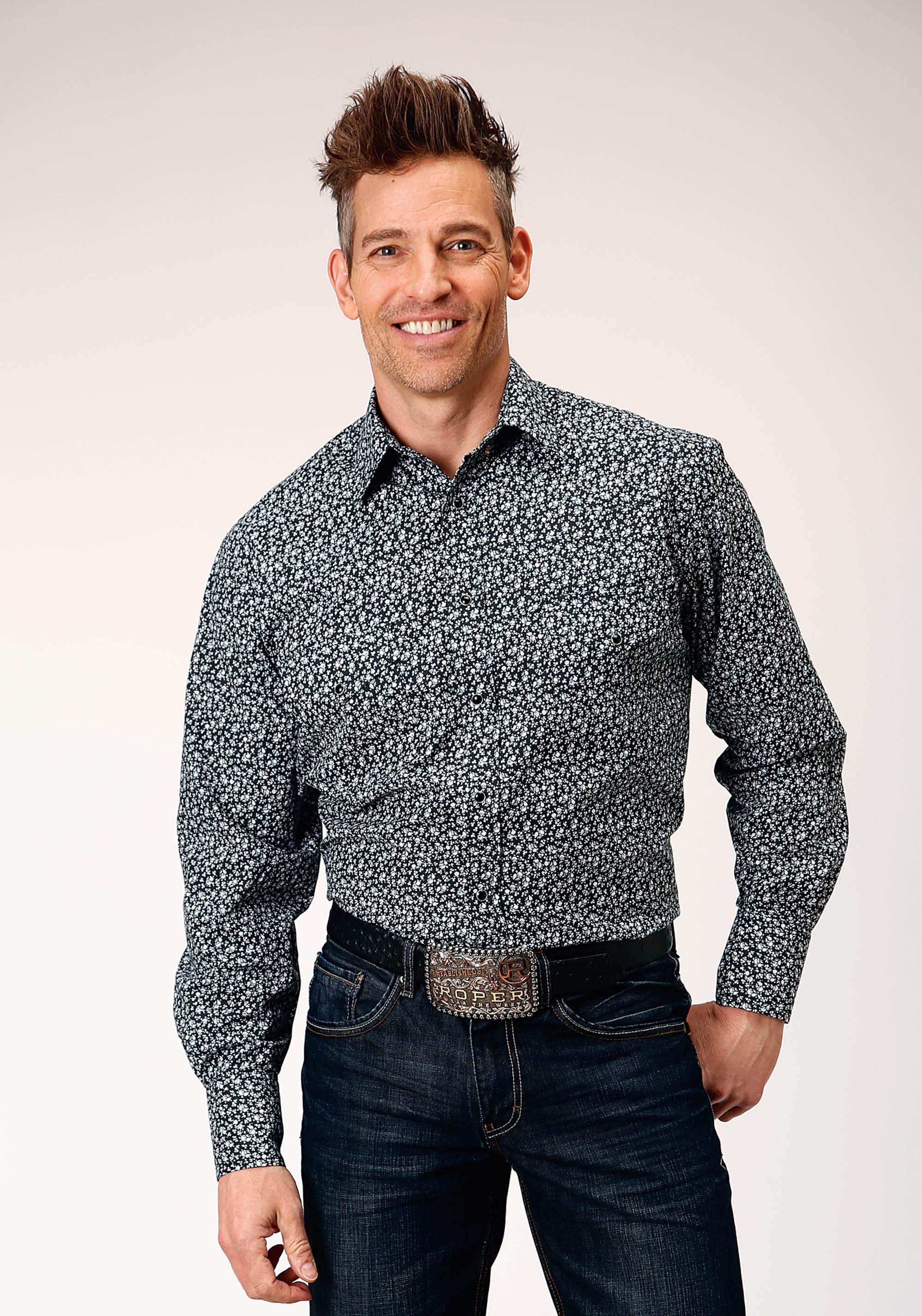 Roper Mens Long Sleeve Snap Black White Floral Print Western Shirt - Roper - Flyclothing LLC