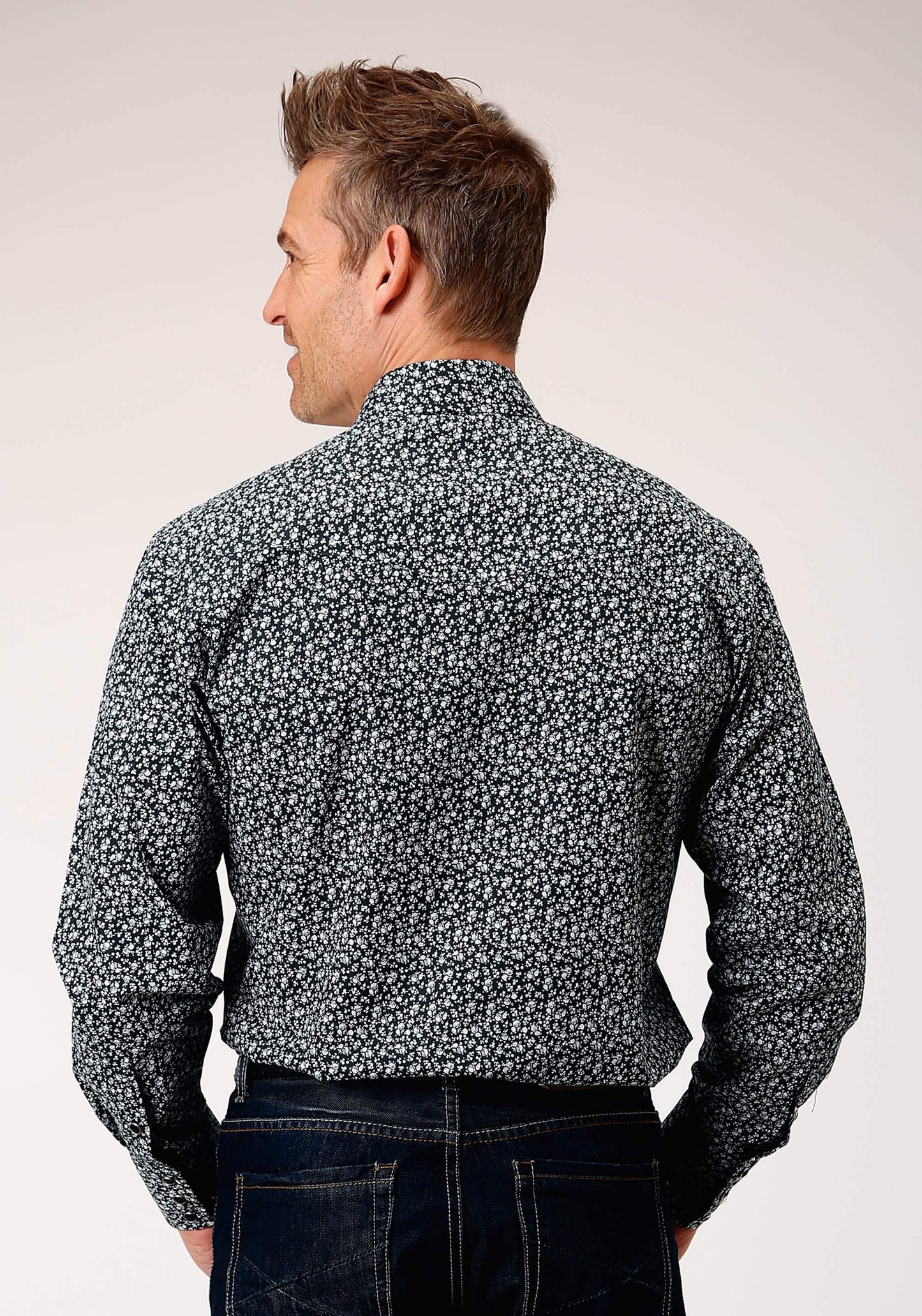 Roper Mens Long Sleeve Snap Black White Floral Print Western Shirt - Roper - Flyclothing LLC