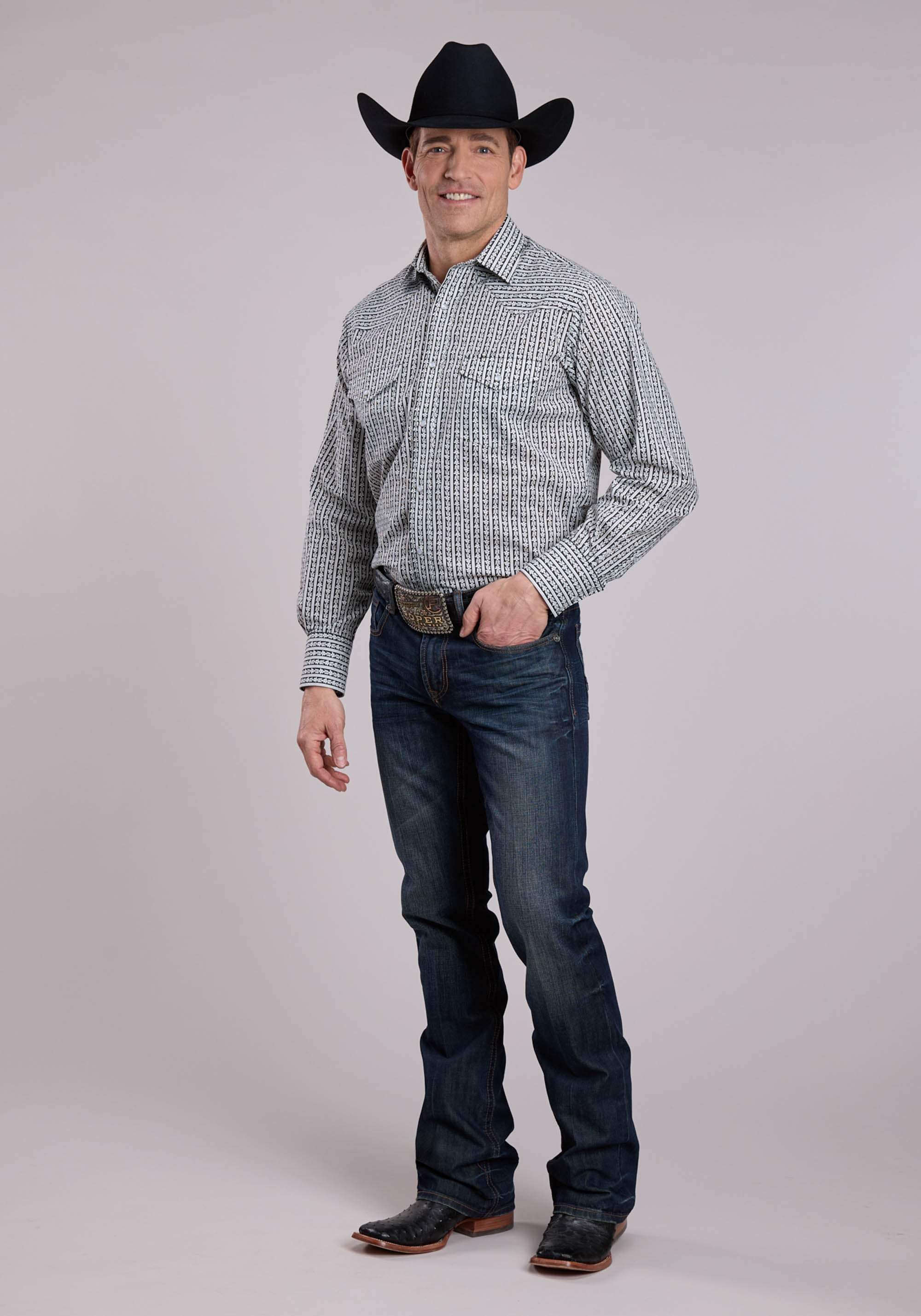 Roper Mens Long Sleeve Snap Black White Charcoal Wallpaper Paper Western Shirt - Roper - Flyclothing LLC
